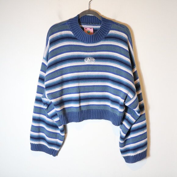 UNIF Clarissa Striped Sweater Womens Large Blue Oversized Linen Cotton Boxy - Picture 1 of 6